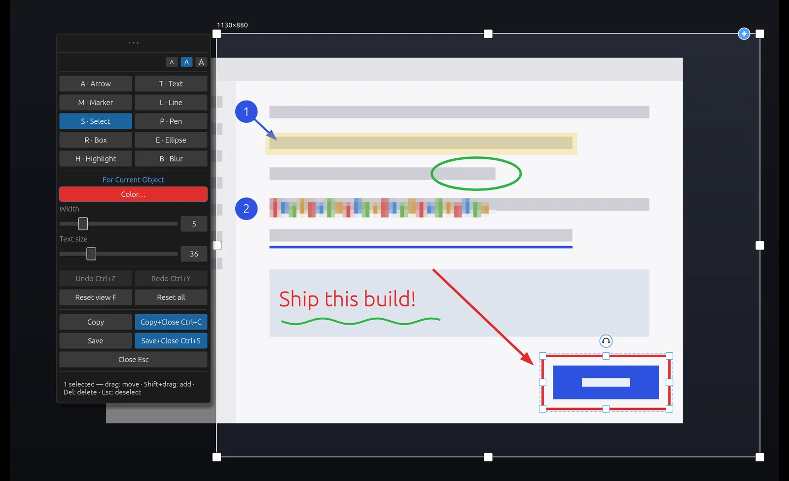 The Scrannotate editor: a tool panel on the left with keyed tools, and a capture marked up with numbered markers, a highlight, an ellipse, a blurred strip, underlined text reading Ship this build, and a red arrow pointing to a selected box.
