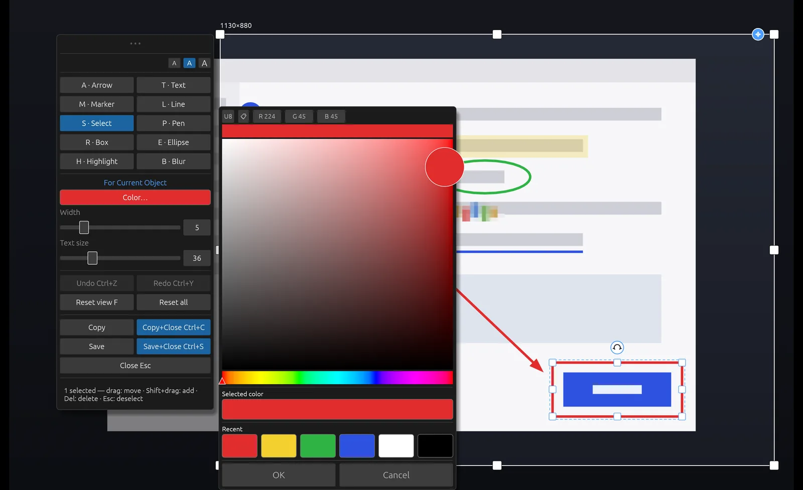 Scrannotate's color picker with a saturation square, hue bar, RGB readouts and six recent colors.